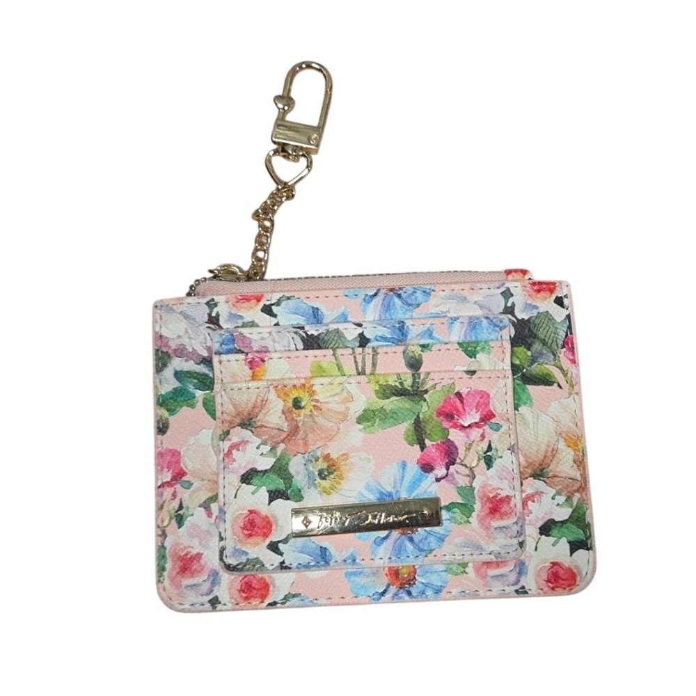 Betsey Johnson Floral Card Holder Wallet Pink Blue Keychain ID Case Zip Pouch